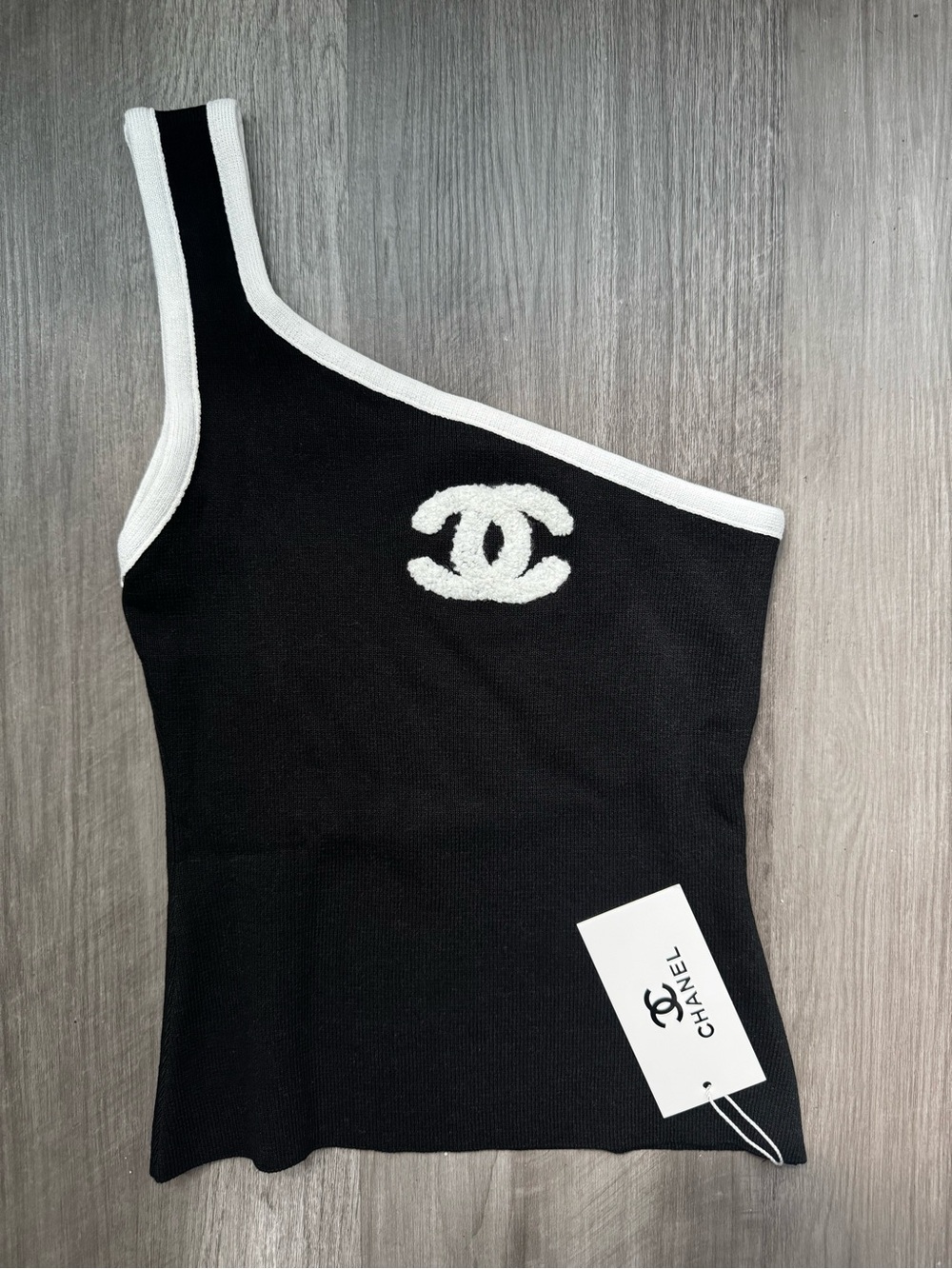 C C One-Shoulder Black Knit Top with White Trim